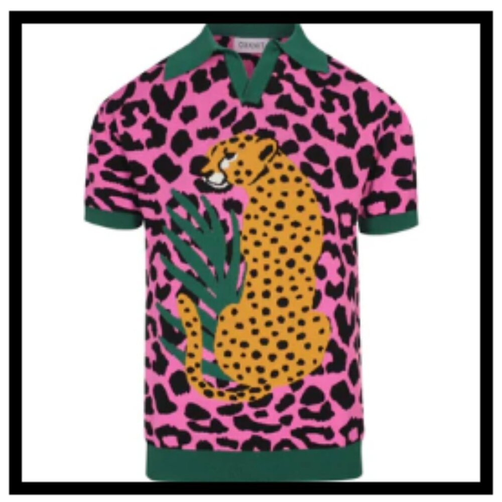 Oxknit  Men's Retro Knit Polo – Vintage Pink Leopard Print with Cheetah Graphic